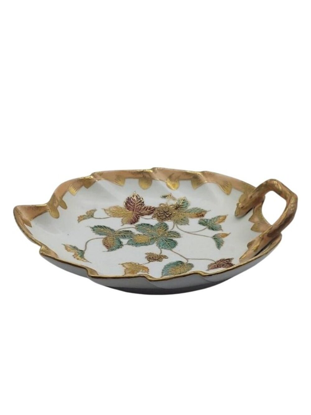Hand Painted Porcelain Leaf Shaped Dish Candy Trinket Moriage MCM Japan G795 Vtg